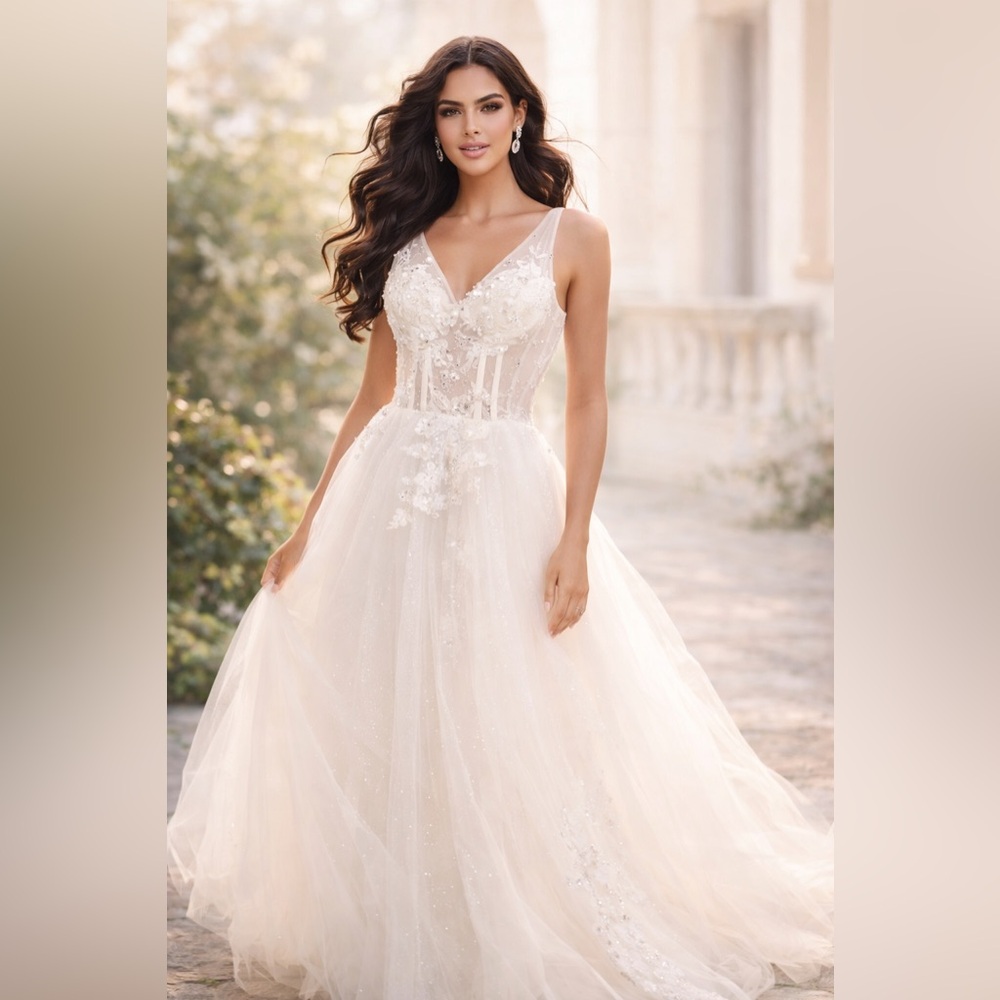Jovani 37468 Ivory Lace Pearl Floral Ball Gown Prom Bridal Formal Dress NWT 14